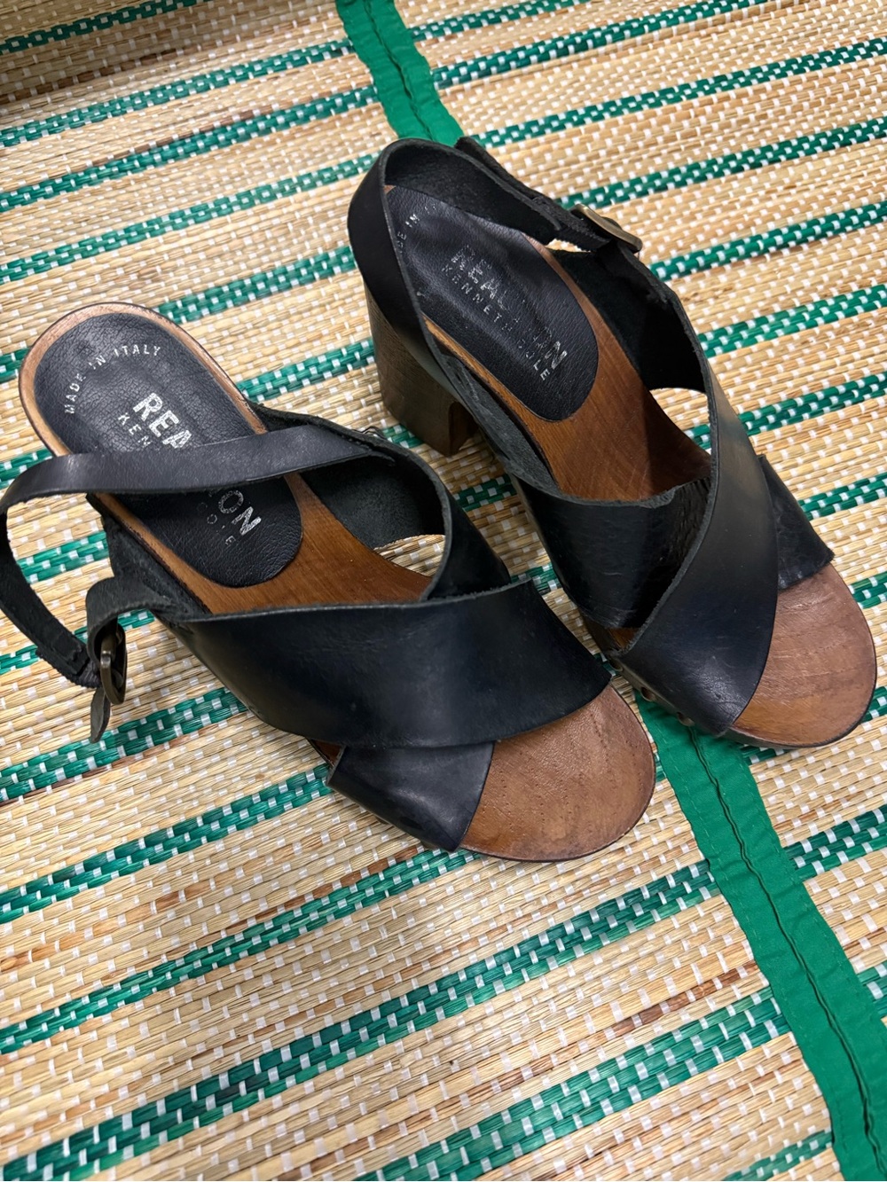 Kenneth Cole Reaction Leather Crisscross Block Heel Sandals w/ Brown Footbed